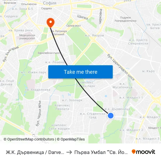 Ж.К. Дървеница / Darvenitsa Qr. (1012) to Първа Умбал ""Св. Йоан Кръстител"" map