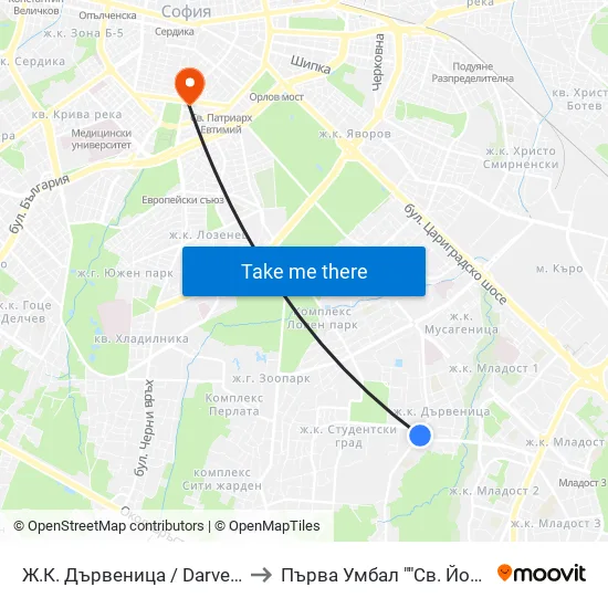 Ж.К. Дървеница / Darvenitsa Qr. (1015) to Първа Умбал ""Св. Йоан Кръстител"" map