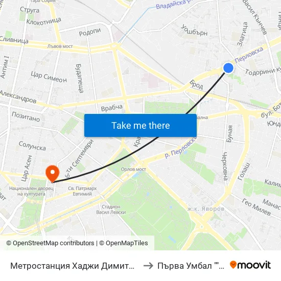 Метростанция Хаджи Димитър / Hadzhi Dimitar Metro Station (0303) to Първа Умбал ""Св. Йоан Кръстител"" map