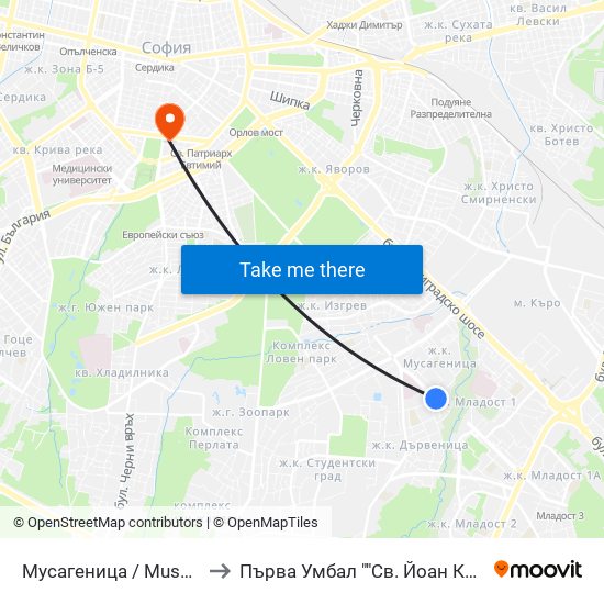 Мусагеница /  Musagenitsa to Първа Умбал ""Св. Йоан Кръстител"" map