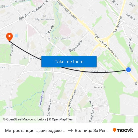 Метростанция Цариградско Шосе / Tsarigradsko Shosse Metro Station (1016) to Болница За Репродуктивна Медицина София map