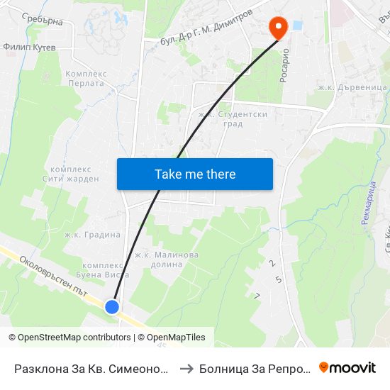 Разклона За Кв. Симеоново / Fork Road To Simeonovo Qr. (1458) to Болница За Репродуктивна Медицина София map