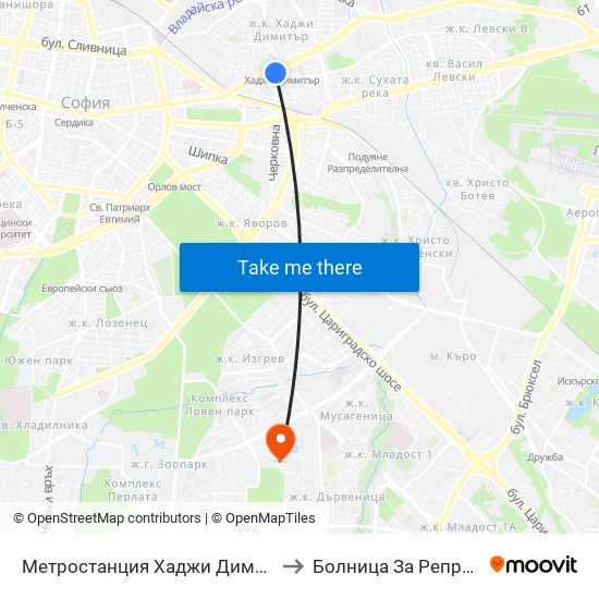 Метростанция Хаджи Димитър / Hadzhi Dimitar Metro Station (0303) to Болница За Репродуктивна Медицина София map