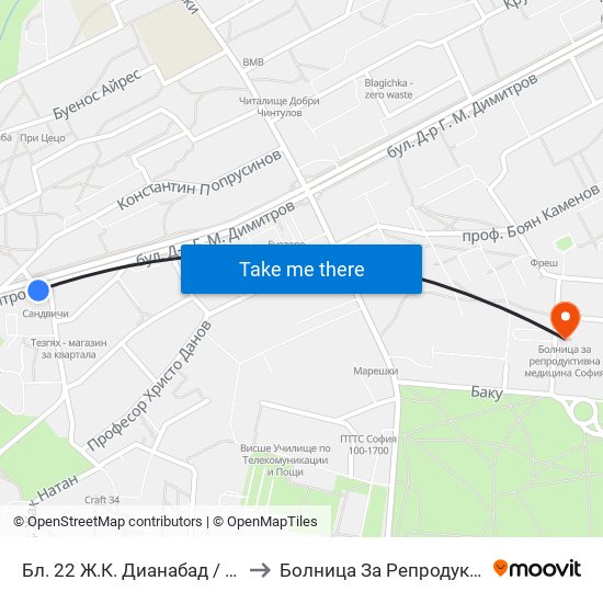 Бл. 22 Ж.К. Дианабад / Bl. 22, Dianabad Qr. (0124) to Болница За Репродуктивна Медицина София map