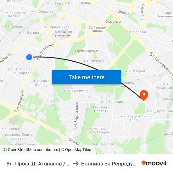 Ул. Проф. Д. Атанасов / Prof. D. Atanasov St. (2134) to Болница За Репродуктивна Медицина София map