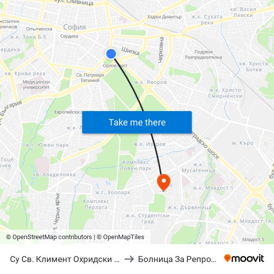 Су Св. Климент Охридски / Sofia University St. Kliment Ohridski to Болница За Репродуктивна Медицина София map