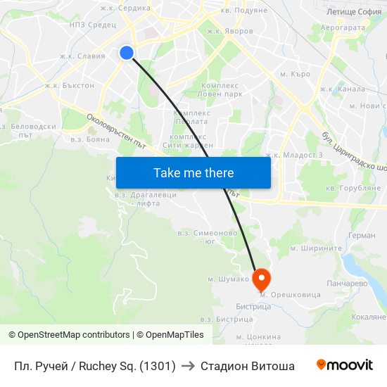 Пл. Ручей / Ruchey Sq. (1301) to Стадион Витоша map