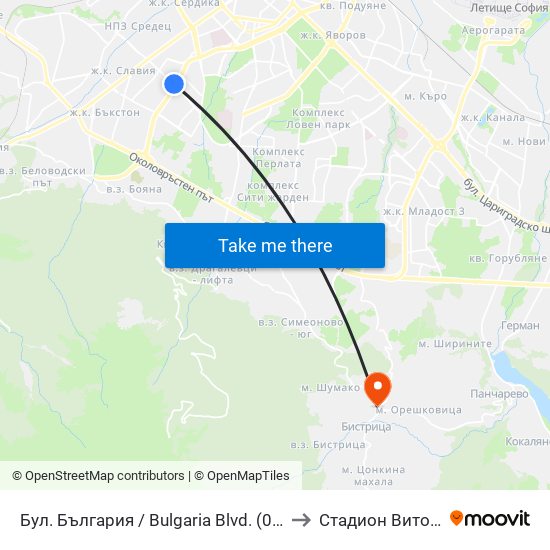 Бул. България / Bulgaria Blvd. (0290) to Стадион Витоша map