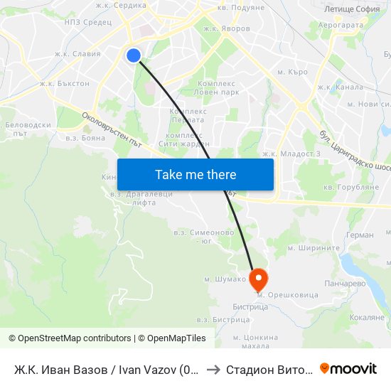 Ж.К. Иван Вазов / Ivan Vazov (0626) to Стадион Витоша map