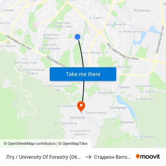 Лту / University Of Forestry (0614) to Стадион Витоша map
