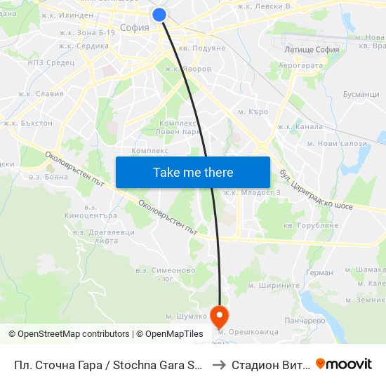 Пл. Сточна Гара / Stochna Gara Sq. (1316) to Стадион Витоша map