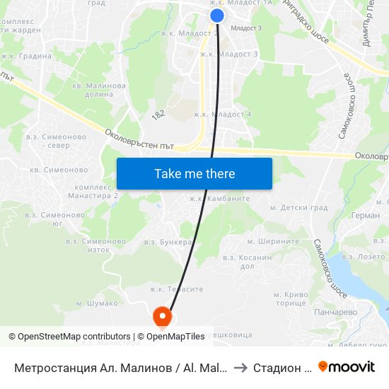 Метростанция Ал. Малинов / Al. Malinov Metro Station (0170) to Стадион Витоша map
