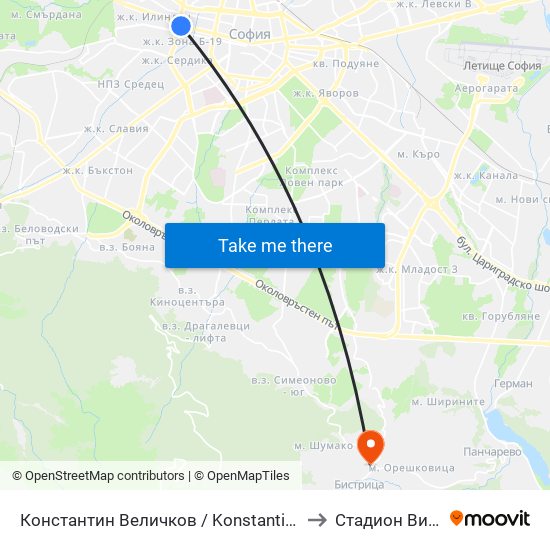 Константин Величков / Konstantin Velichkov to Стадион Витоша map