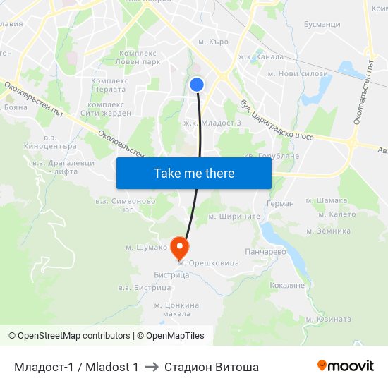 Младост-1 / Mladost 1 to Стадион Витоша map