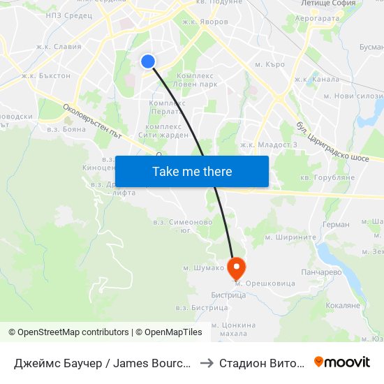 Джеймс Баучер / James Bourchier to Стадион Витоша map