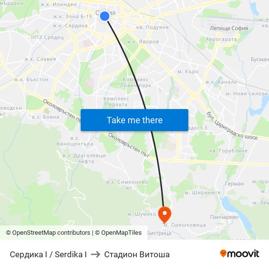 Сердика I / Serdika I to Стадион Витоша map