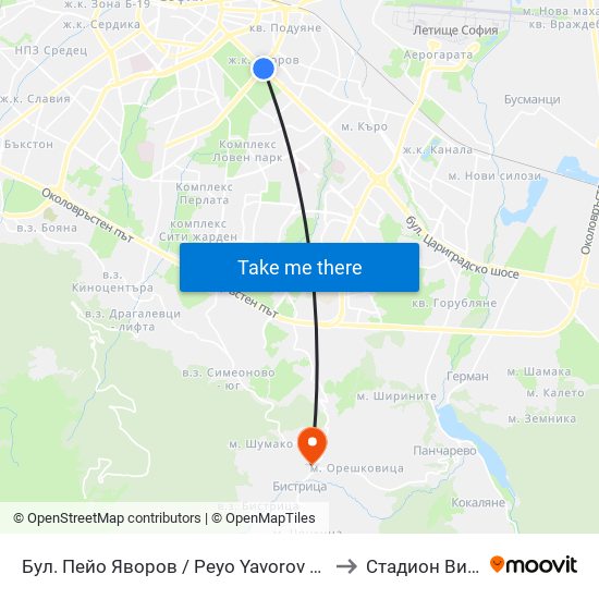 Бул. Пейо Яворов / Peyo Yavorov Blvd. (0073) to Стадион Витоша map