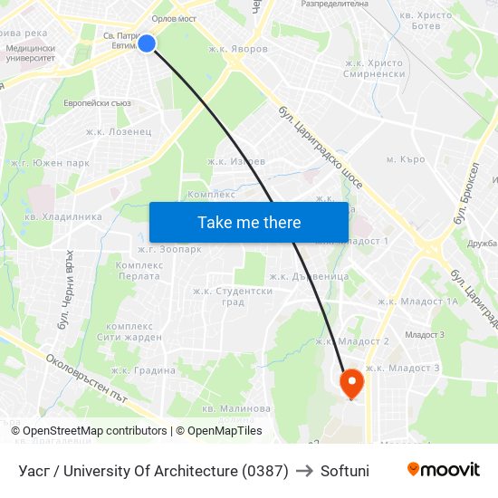 Уасг / University Of Architecture (0387) to Softuni map