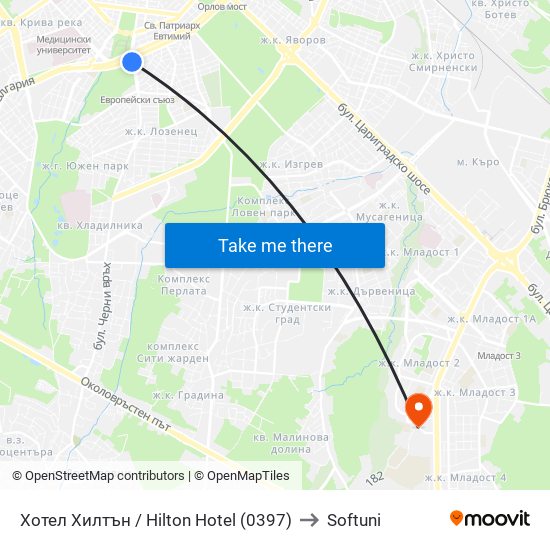Хотел Хилтън / Hilton Hotel (0397) to Softuni map