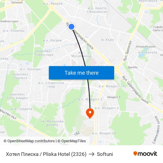 Хотел Плиска / Pliska Hotel (2326) to Softuni map