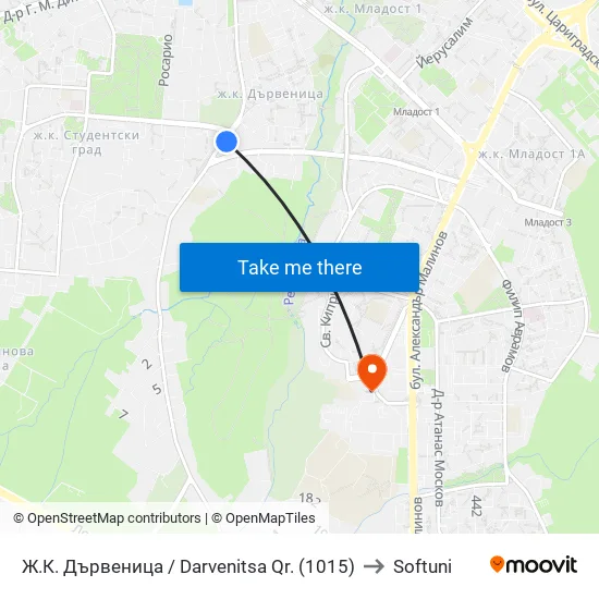 Ж.К. Дървеница / Darvenitsa Qr. (1015) to Softuni map