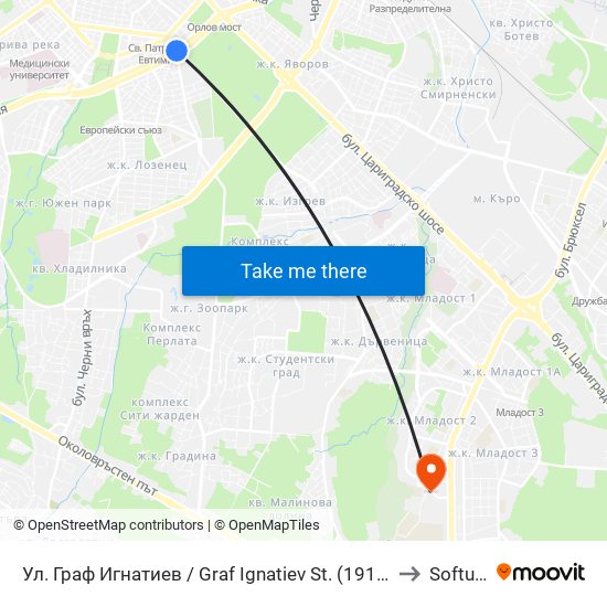 Ул. Граф Игнатиев / Graf Ignatiev St. (1914) to Softuni map