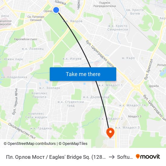 Пл. Орлов Мост / Eagles' Bridge Sq. (1288) to Softuni map