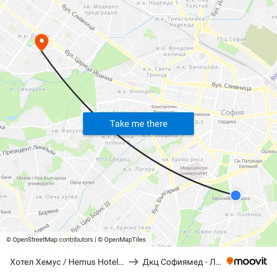 Ⓜ️ Хотел Хемус / Hemus Hotel (2329) to Дкц Софиямед - Люлин map