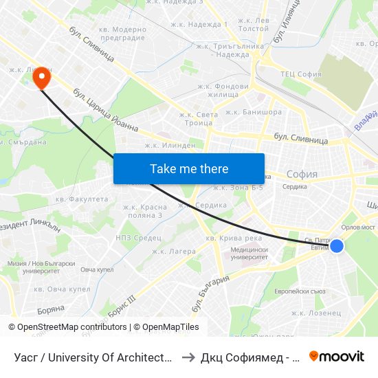 Уасг / University Of Architecture (0386) to Дкц Софиямед - Люлин map