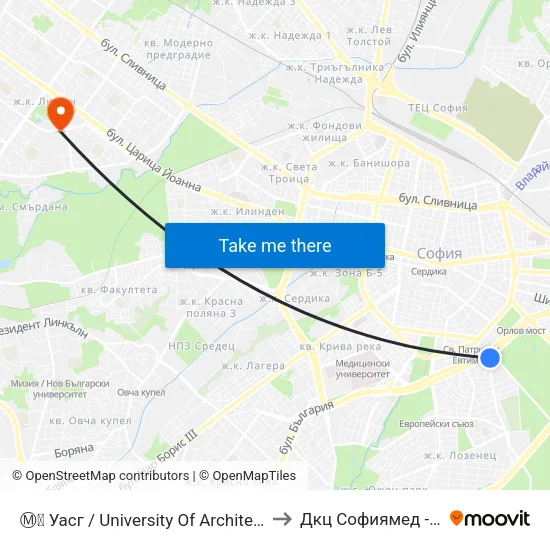 Ⓜ️🎓 Уасг / University Of Architecture (0386) to Дкц Софиямед - Люлин map