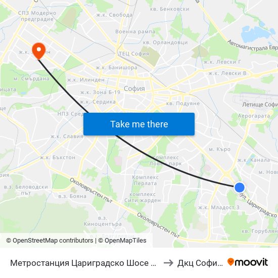 Метростанция Цариградско Шосе / Tsarigradsko Shosse Metro Station (1016) to Дкц Софиямед - Люлин map