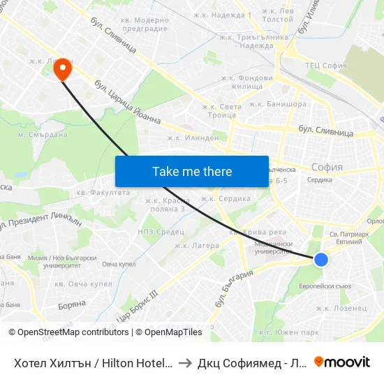 Хотел Хилтън / Hilton Hotel (0397) to Дкц Софиямед - Люлин map