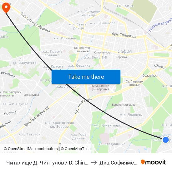 Читалище Д. Чинтулов / D. Chintulov Library (2366) to Дкц Софиямед - Люлин map