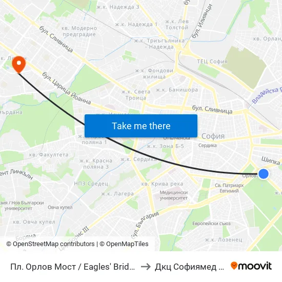 Пл. Орлов Мост / Eagles' Bridge Sq. (1288) to Дкц Софиямед - Люлин map