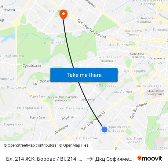 Бл. 214 Ж.К. Борово / Bl. 214, Borovo Qr. (0164) to Дкц Софиямед - Люлин map