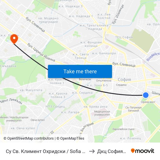 Су Св. Климент Охридски / Sofia University St. Kliment Ohridski to Дкц Софиямед - Люлин map