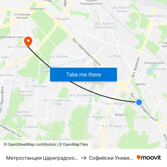 Ⓜ️ Метростанция Цариградско Шосе / Tsarigradsko Shosse Metro Station (1016) to Софийски Университет „Св. Климент Охридски“ map