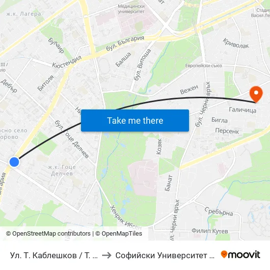 Ул. Т. Каблешков / T. Kableshkov St. (2213) to Софийски Университет „Св. Климент Охридски“ map