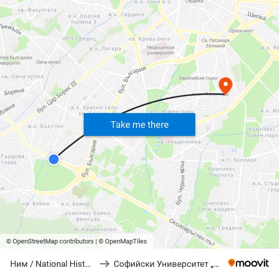 Ним / National History Museum (1464) to Софийски Университет „Св. Климент Охридски“ map