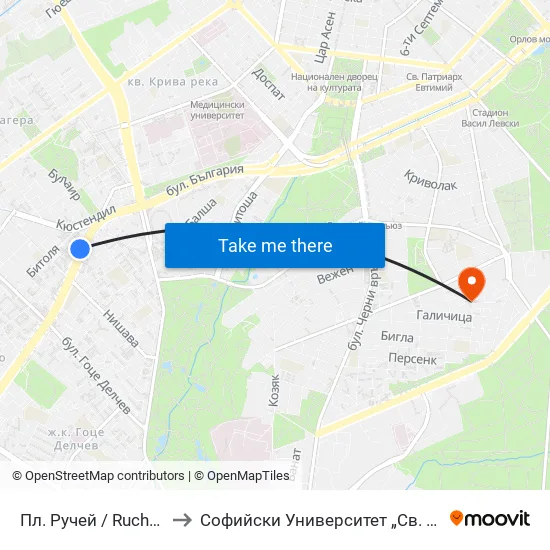 Пл. Ручей / Ruchey Sq. (1306) to Софийски Университет „Св. Климент Охридски“ map