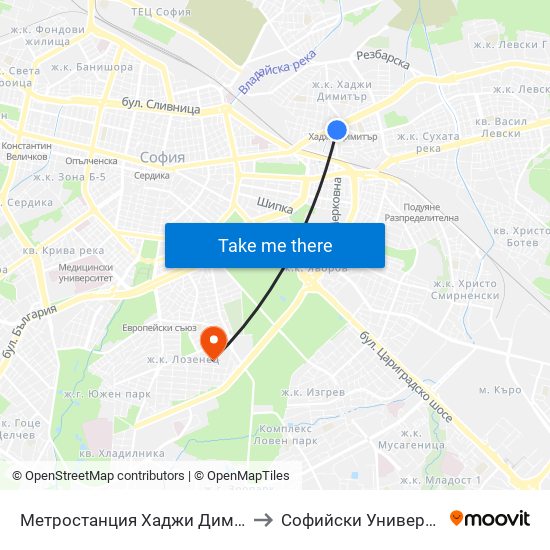 Метростанция Хаджи Димитър / Hadzhi Dimitar Metro Station (0303) to Софийски Университет „Св. Климент Охридски“ map