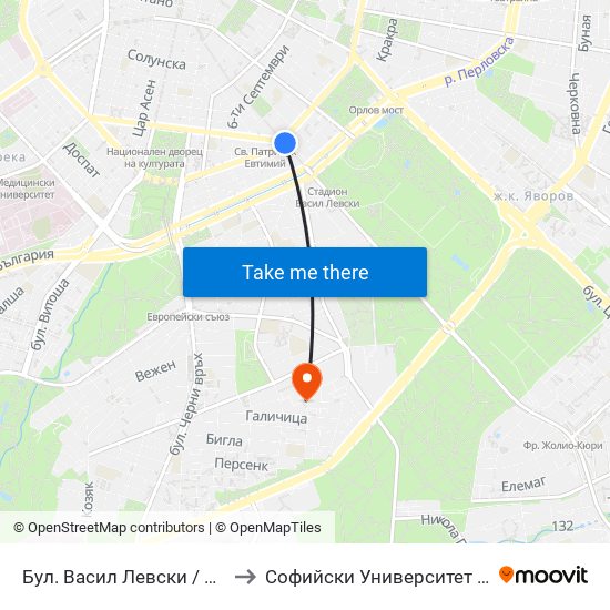 Бул. Васил Левски / Vasil Levski Blvd. (0300) to Софийски Университет „Св. Климент Охридски“ map