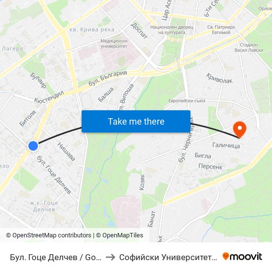 Бул. Гоце Делчев / Gotse Delchev Blvd. (0314) to Софийски Университет „Св. Климент Охридски“ map