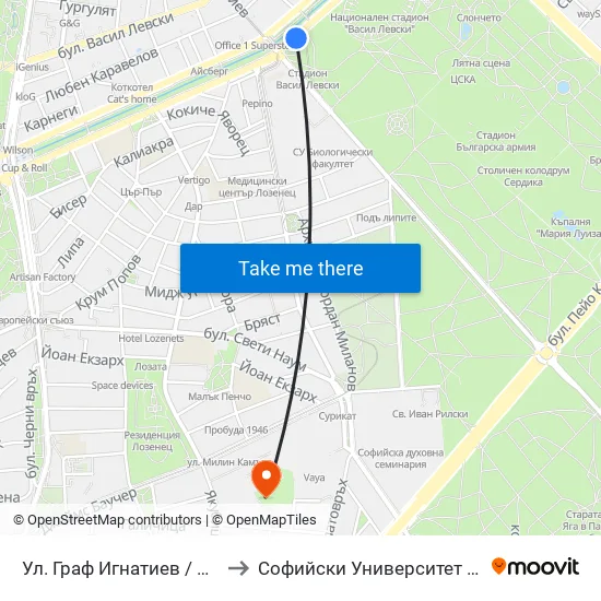 Ⓜ️🎓 Ул. Граф Игнатиев / Graf Ignatiev St. (1913) to Софийски Университет „Св. Климент Охридски“ map