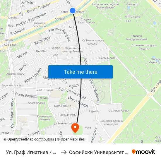 Ⓜ️🎓 Ул. Граф Игнатиев / Graf Ignatiev St. (1914) to Софийски Университет „Св. Климент Охридски“ map