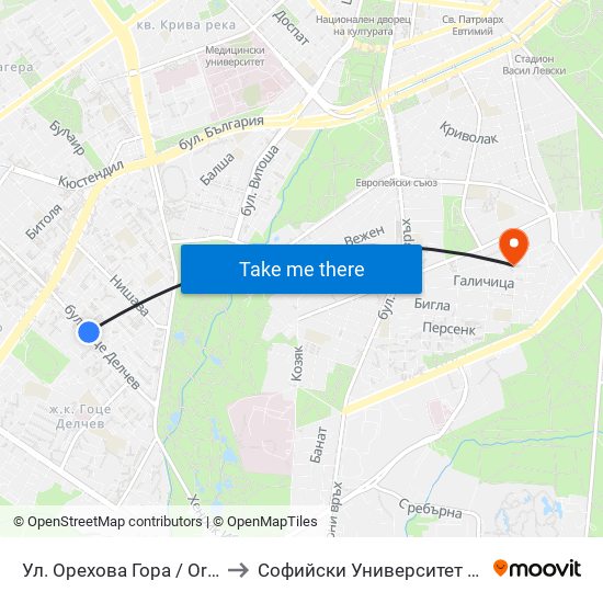 Ул. Орехова Гора / Orehova Gora St. (2089) to Софийски Университет „Св. Климент Охридски“ map