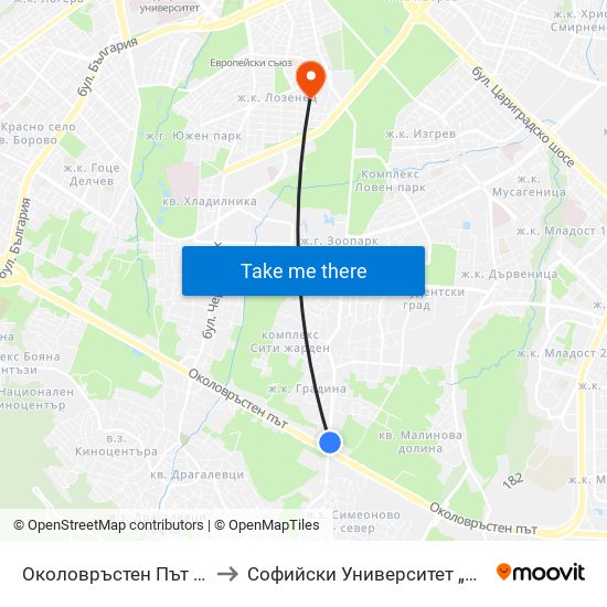 Околовръстен Път / Ring Road (1175) to Софийски Университет „Св. Климент Охридски“ map
