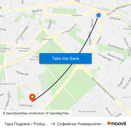 Гара Подуяне / Poduyane Train Station (0468) to Софийски Университет „Св. Климент Охридски“ map