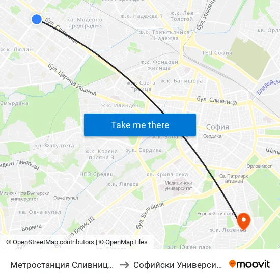 Ⓜ️ Метростанция Сливница / Slivnitsa Metro Station (1063) to Софийски Университет „Св. Климент Охридски“ map
