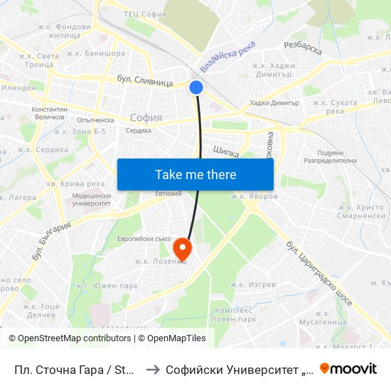 Пл. Сточна Гара / Stochna Gara Sq. (1316) to Софийски Университет „Св. Климент Охридски“ map